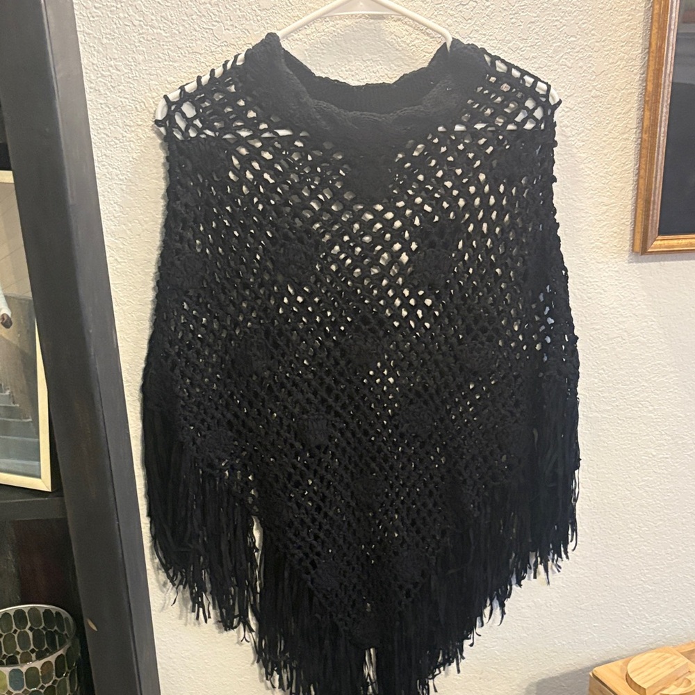 Elegant Black Crochet Poncho Top